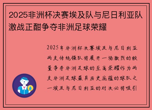 2025非洲杯决赛埃及队与尼日利亚队激战正酣争夺非洲足球荣耀