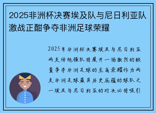 2025非洲杯决赛埃及队与尼日利亚队激战正酣争夺非洲足球荣耀
